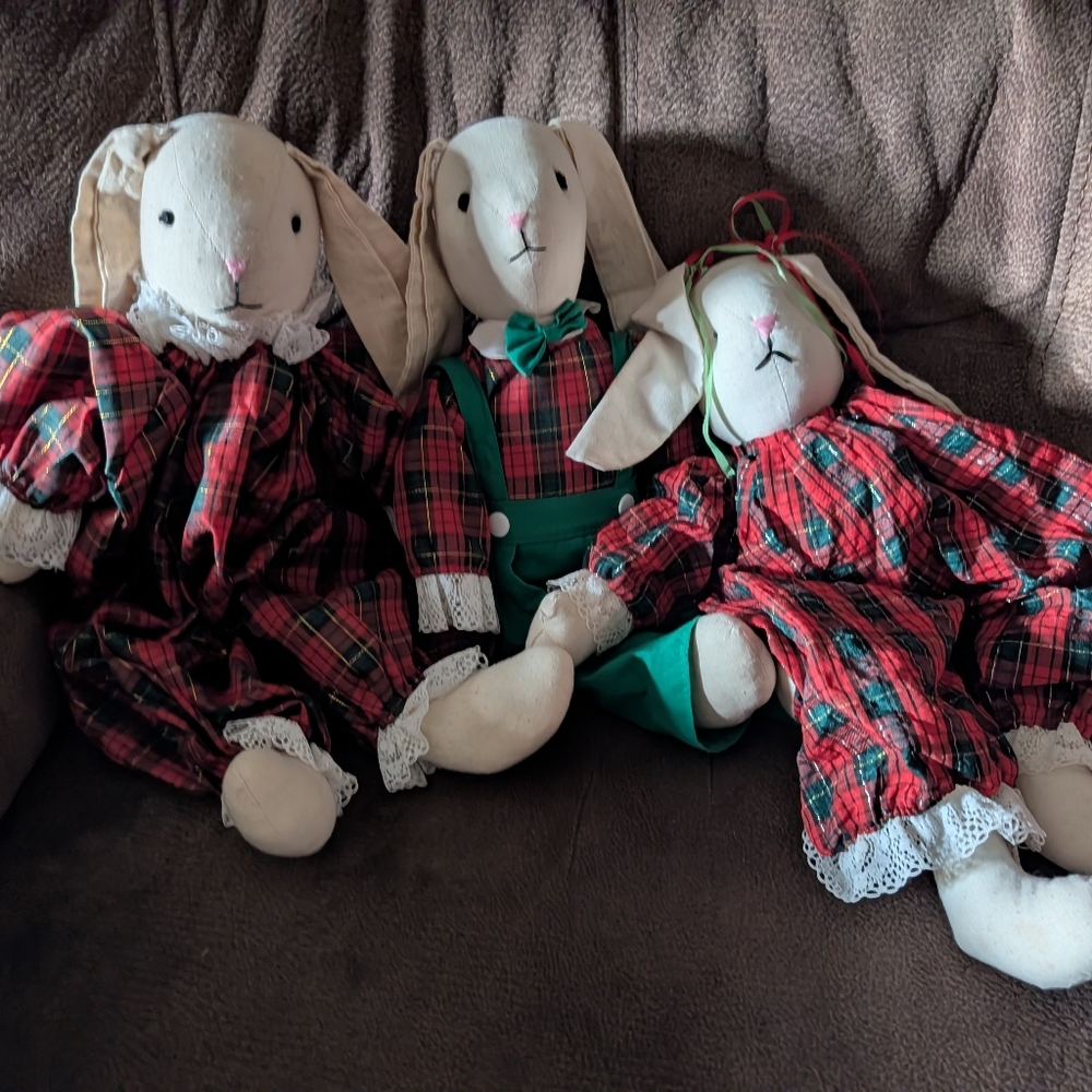 3 Vintage Pair of Christmas  male and females Cloth Bunny Plush Collectibles